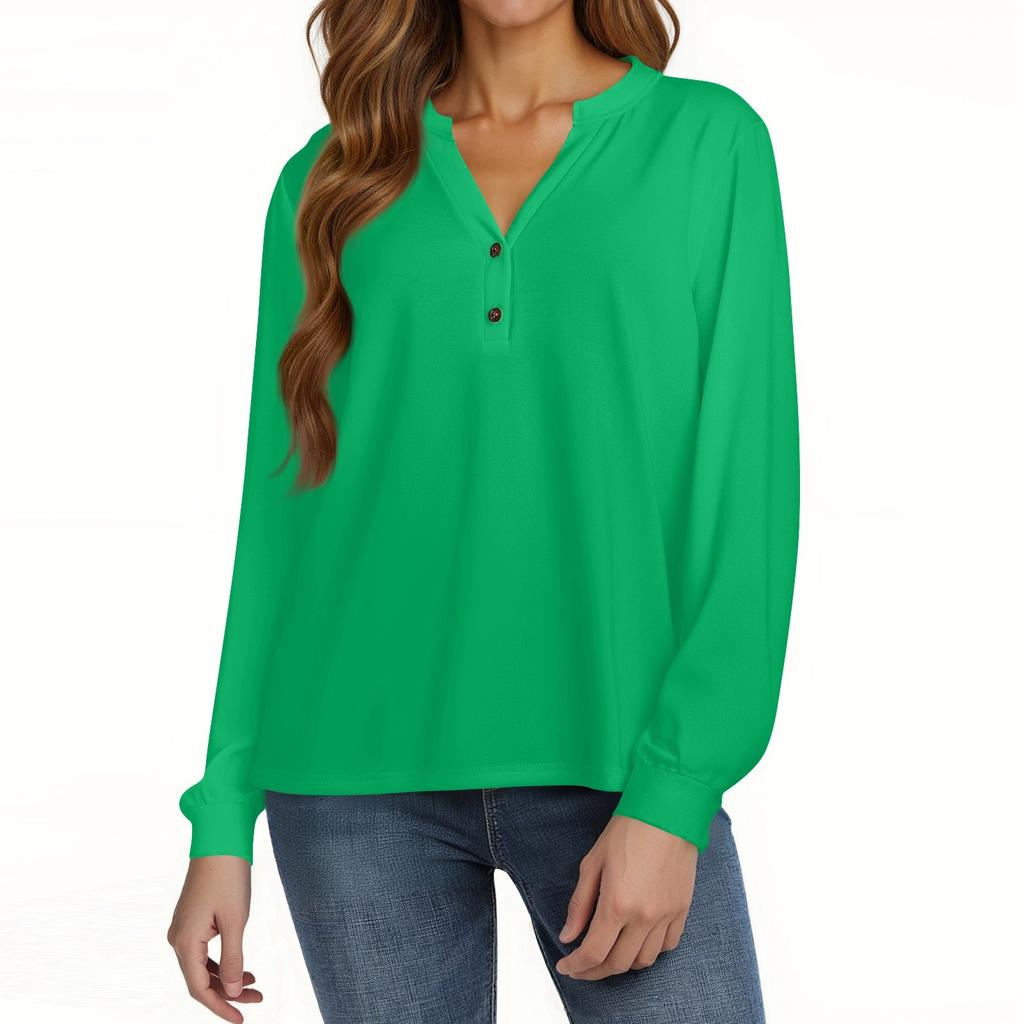 Women's T Shirt Solid Color Button Long Sleeve Daily Weekend Fashion Basic V- Neck Regular Top