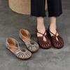 Johnature Genuine Leather Round Toe Soft Soled Flat Sandals Retro Pleated Women's Shoes