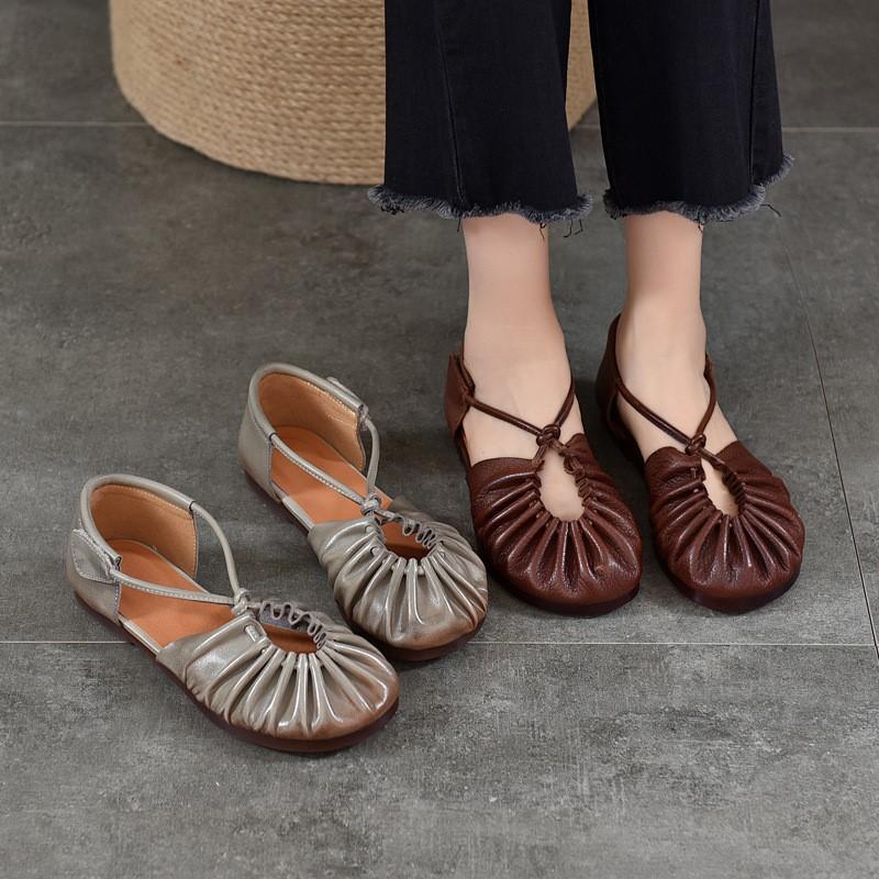 Johnature Genuine Leather Round Toe Soft Soled Flat Sandals Retro Pleated Women's Shoes