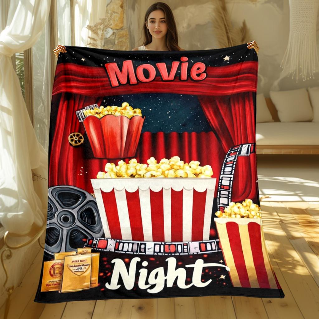 1pc Night Popcorn Print Portable Blanket, Lightweight Throw for Sofa Bed Travel Camping Livingroom Office, Digital Print, Soft Warm