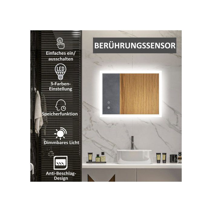 Kleankin Miroir De Salle De Bain Avec Éclairage LED, 70x50 Cm, 3 Lumières Colorées, IP44 Résistant À L'eau