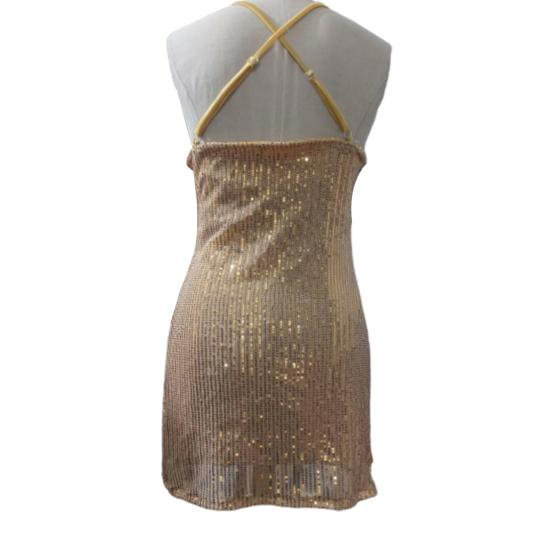 Damenkleid mit V-Ausschnitt, Spaghettiträger, glänzende Pailletten, rückenfrei, weich, ärmellos, schmale Passform, über dem Knie, Länge, Party, Club, Minikleid