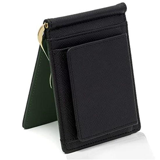 GRAV Money Clip Coin Pocket Mens Wallet Bi-Fold Leather (IC Card Hidden Pocket) (Black Green)