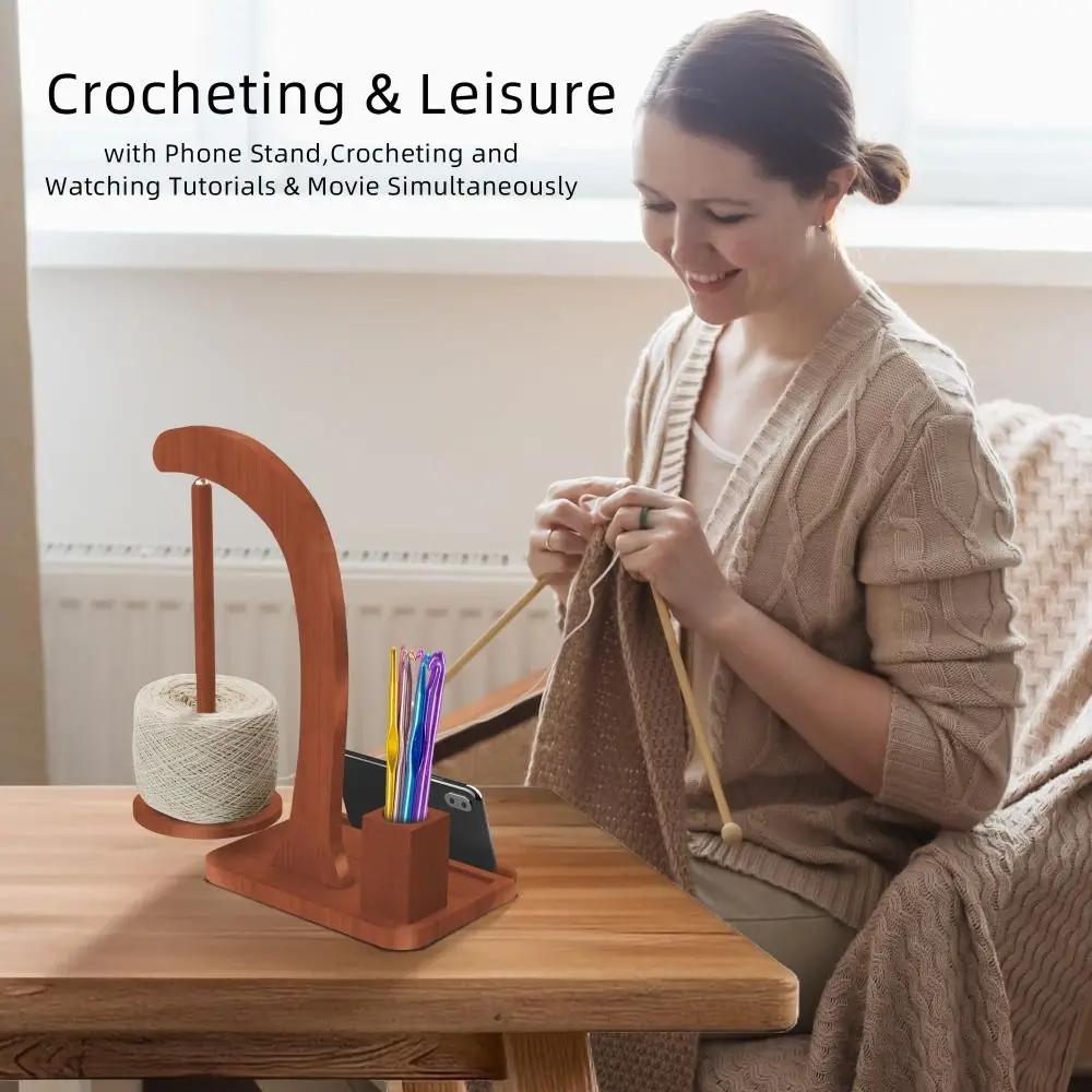 Wooden Yarn Holder for Crocheting Magnetic Rotation Multi-functional Yarn Spinner with Crochet Box Yarn Ball Storage Rack