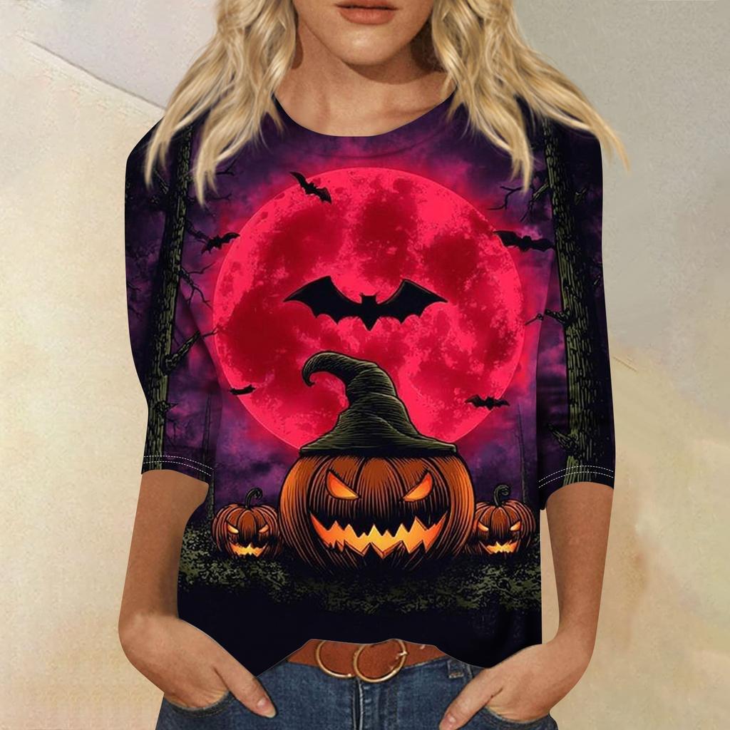 Women's Fashion Casual Round Neck Three-quarter Sleeve Halloween Printed T-shirt Top