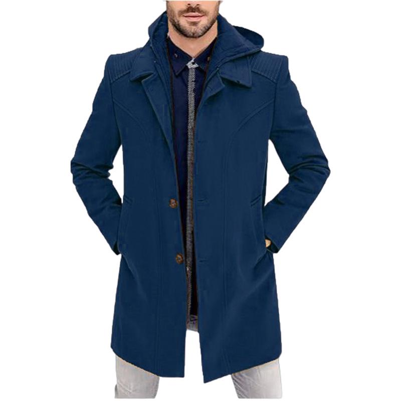 European Men's 2024 Wool Coat - Faux Two-Piece Jacket & Hooded Sweatshirt Combo