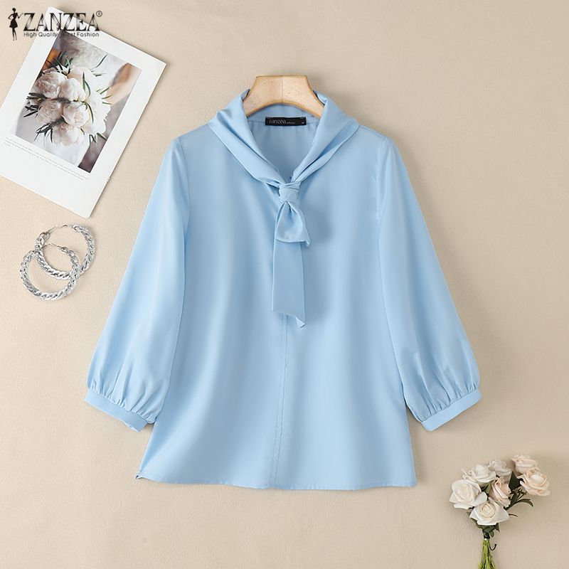 ZANZEA Women Casual Round Neck Solid Color Elegant 3/4 Sleeve Blouse