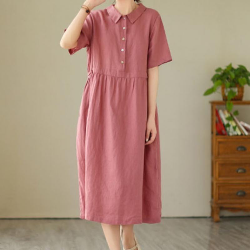 Shop Women Collar Neck Loose Fit Linen Vacation Long Dress Won Wdr Wf5e8d3