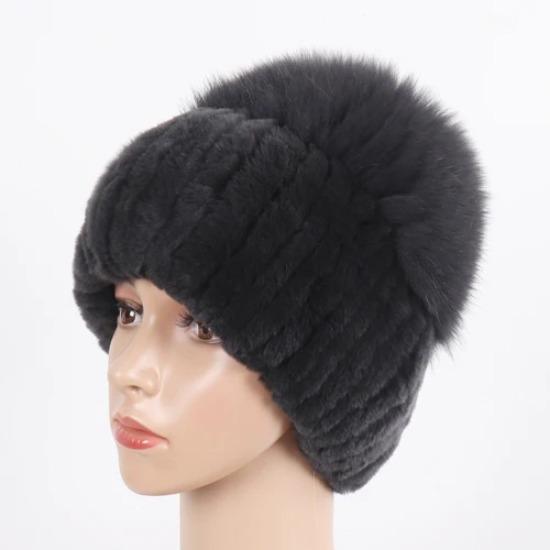 Women Winter Real Fur Hat Scarf 2 Pieces Knitted Rex Rabbit Fur Hat Top Natural Fox Fur Cap Scarves Sets Lady Warm Real Fur Caps