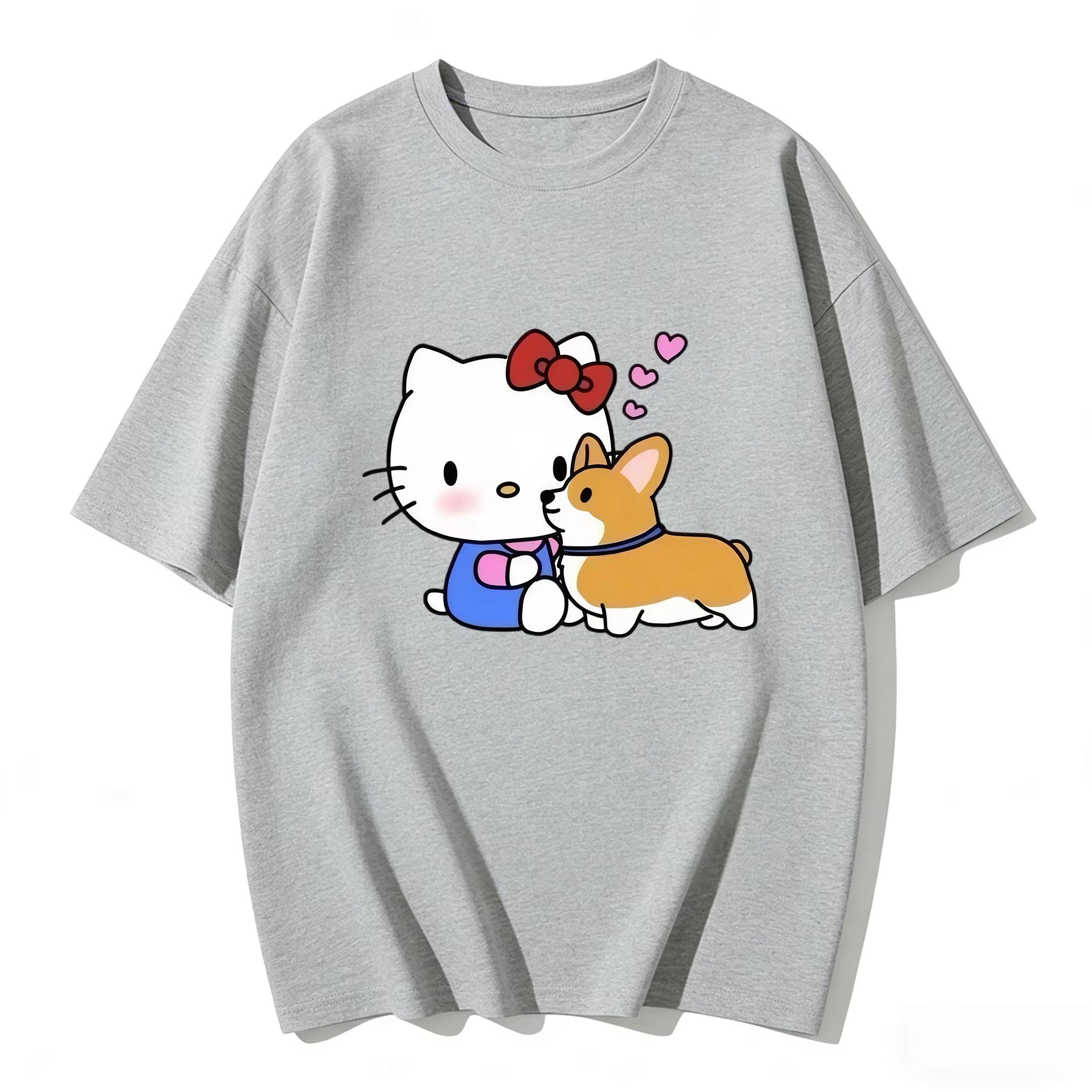 

2026 Hello Kitty Cartoon Printed Short Sleeve Summer Womens Comfortable summer loosefitting Womens clothing S