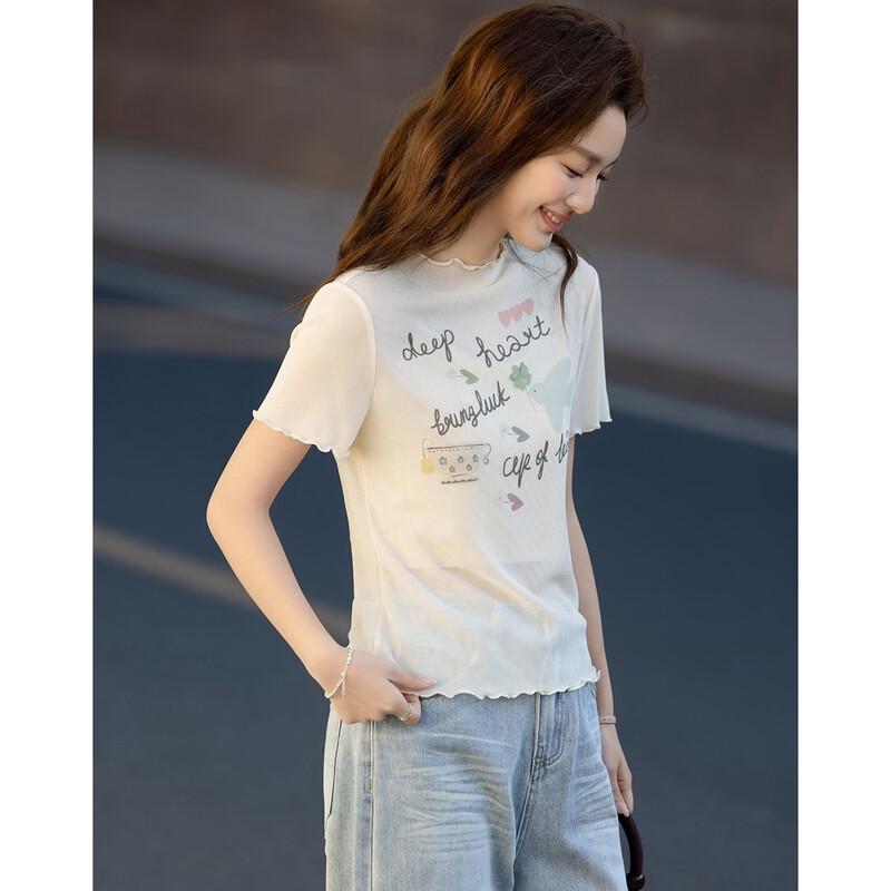 Demana Women s Summer Slim Fit Printed Semi-High Collar T-Shirt L