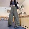 Plus Size Women's Pleated Wide-Leg Cargo Pants: Autumn Casual, Floor-Length Trousers