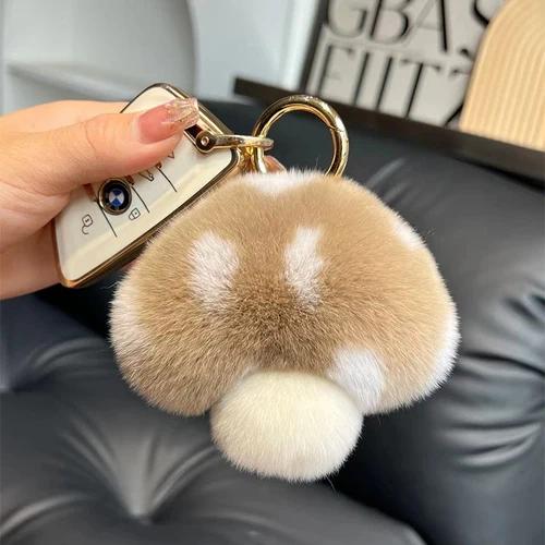 Wholesale Cute Mushroom Real Rex Rabbit Fur Key Chains Girls Schoolbag Toy Pendant  Women Bag Charm Ornaments Car Keyring Gift