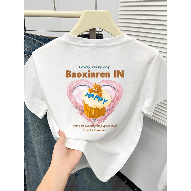 

Sweet Round Neck Short Sleeve Women s T-Shirt - 2024 Summer, Small Size, Straight Shoulder, Front & Back Print, Age-Reducing Top. Small белый