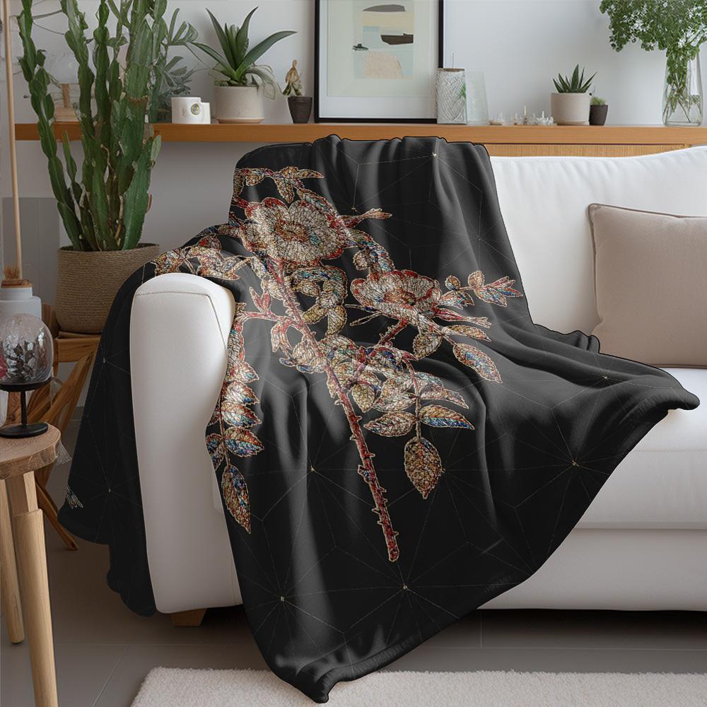 Faux Fur Throw Blanket with Floral Branches Pattern Decorative Sofa Bed Living Room Blanket for Home Decor
