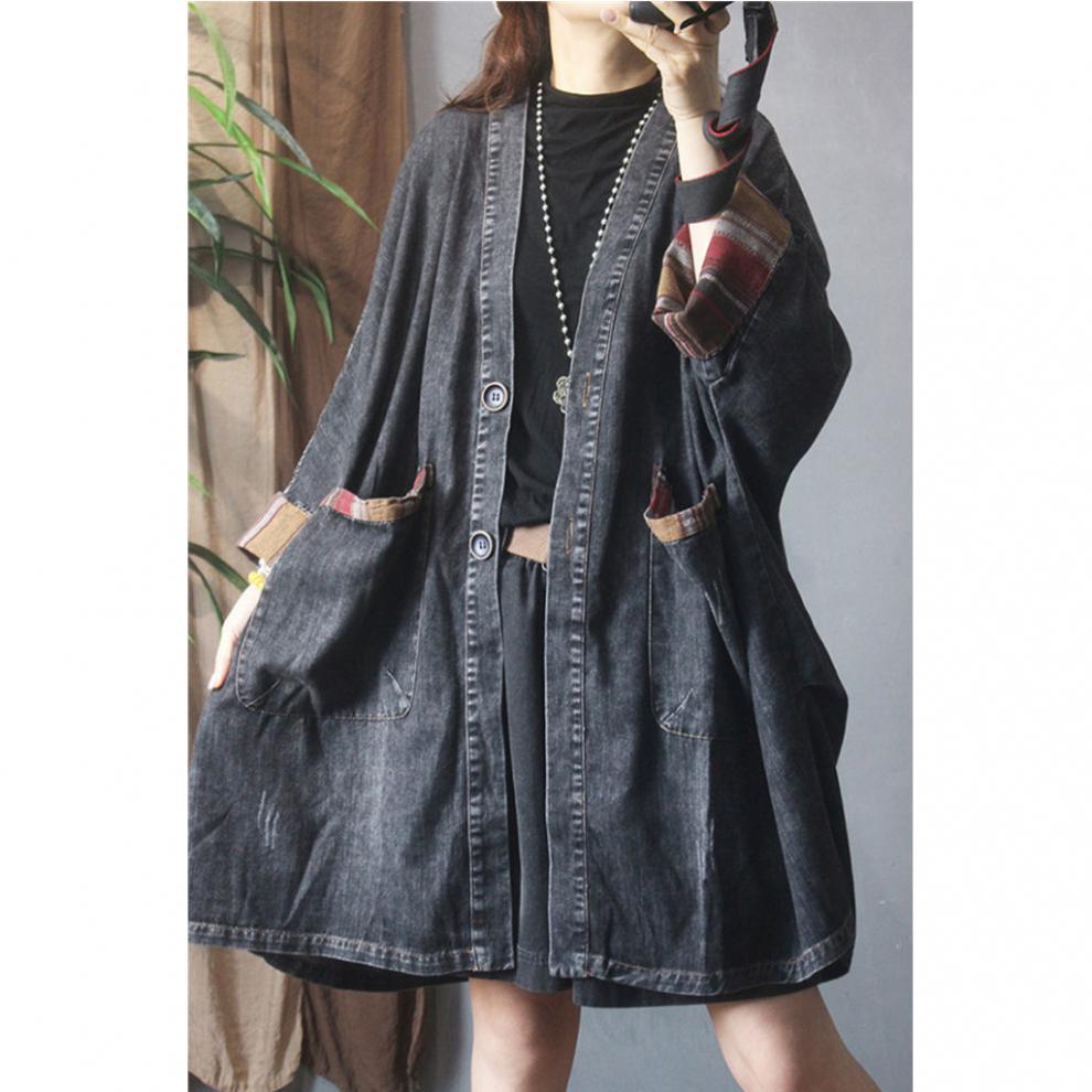 Jachetă de vânt de lungime medie cu gât în V și buzunare pentru femei - Toamnă Largă Culoare solidă