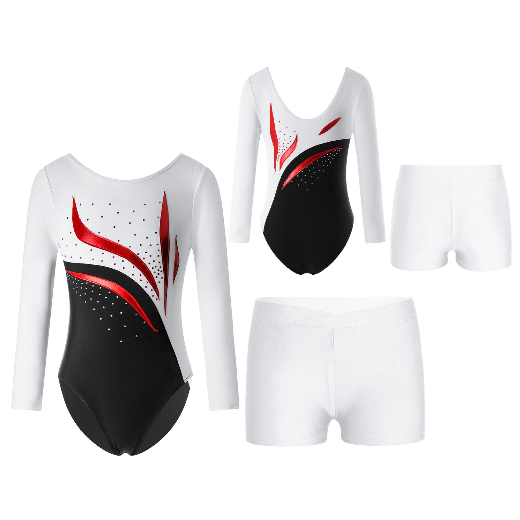 

2 шт., Детское боди со стразами и длинными рукавами для девочек, гимнастическое трико, боди для балета и танцев с шортами 7-8 Years