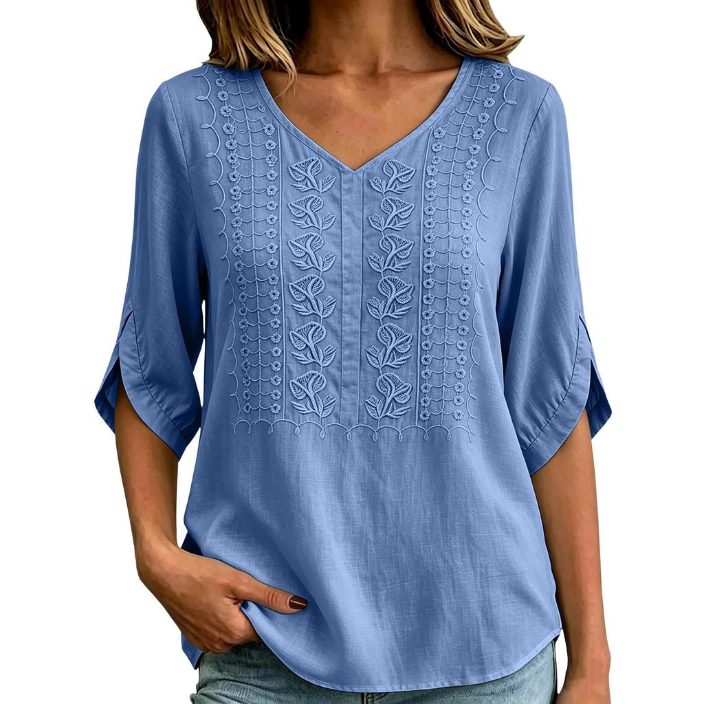 Women's Casual Embroidered Cotton Linen Top Loose Fit Vintage Mid Sleeve Blouse