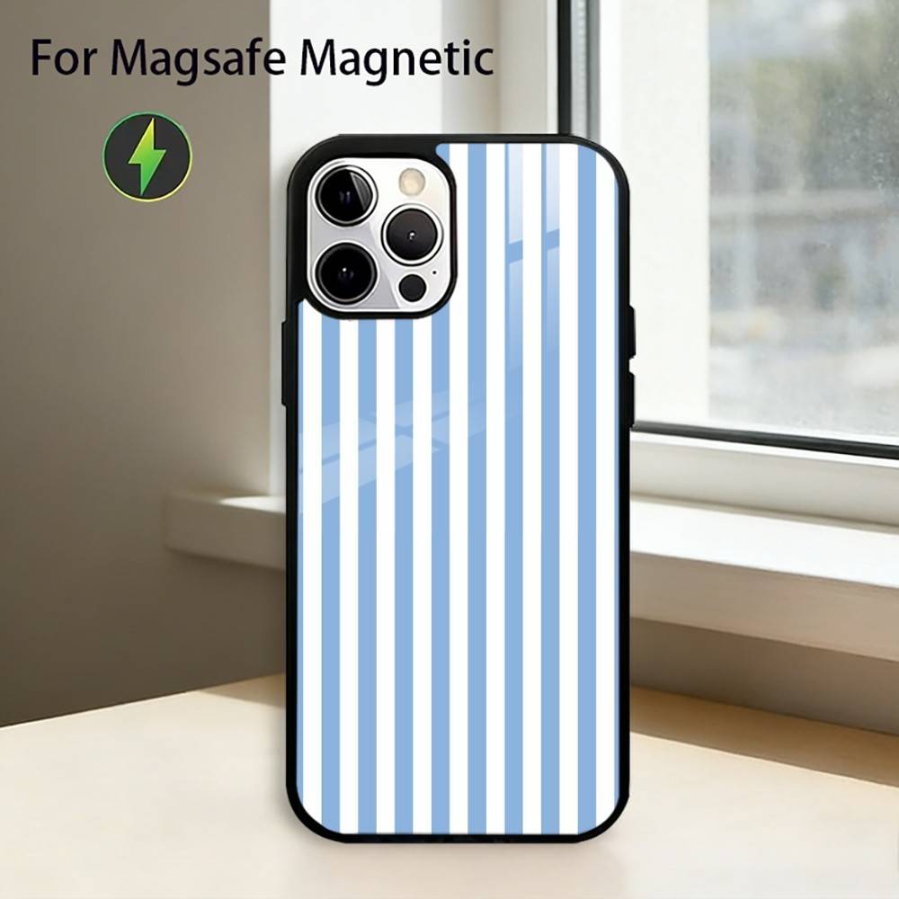 L-light blue stripeds Phone Case For iPhone17,16,15,14,13,12,11 Plus,Pro Magnetic with Magsafe Wireless Charging