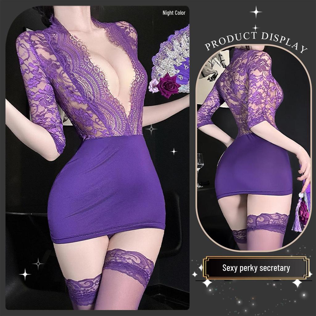 Golden Night Sexy Lace Purple Bodycon Dress with Push-up for Role Play 