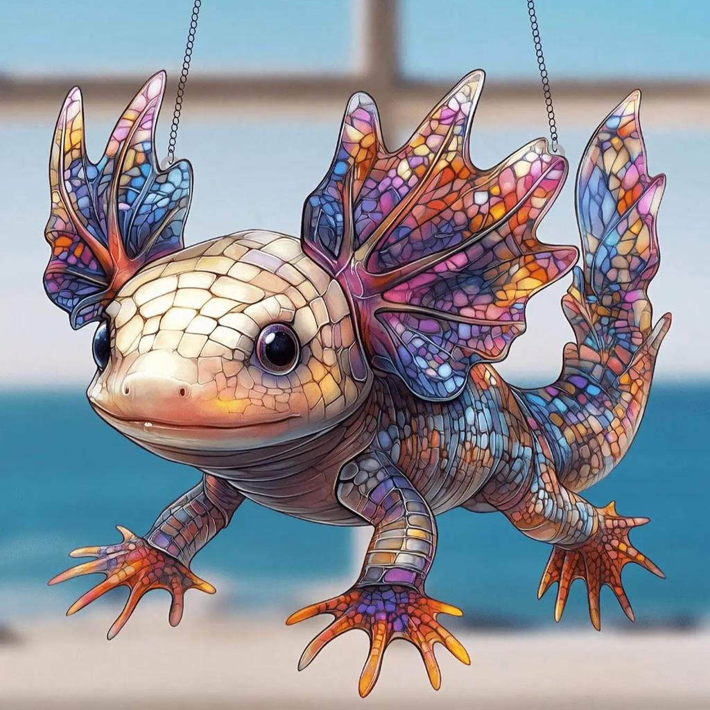 Mexický axolotl barevný lapač slunce 2D akrylový závěs na okno, vhodný pro dekoraci domu a zahrady
