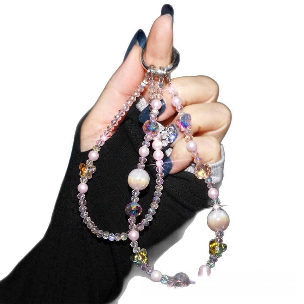 Phone Chain Double Chain Light-Changing Pearl Crystal Butterfly Beaded Hanging Chain Decorative Lanyard Fashion Versatile Phone Accessories