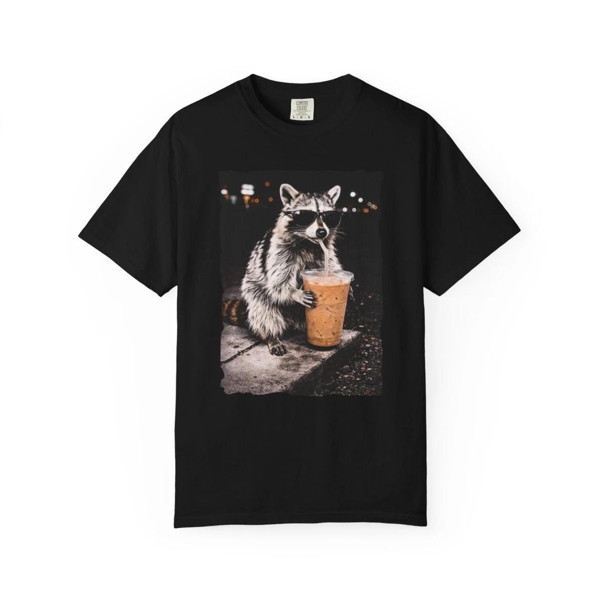 Raccoon Drinking Iced Coffee Sarcastic Satire Animal Meme Funny Gift T-Shirt XL