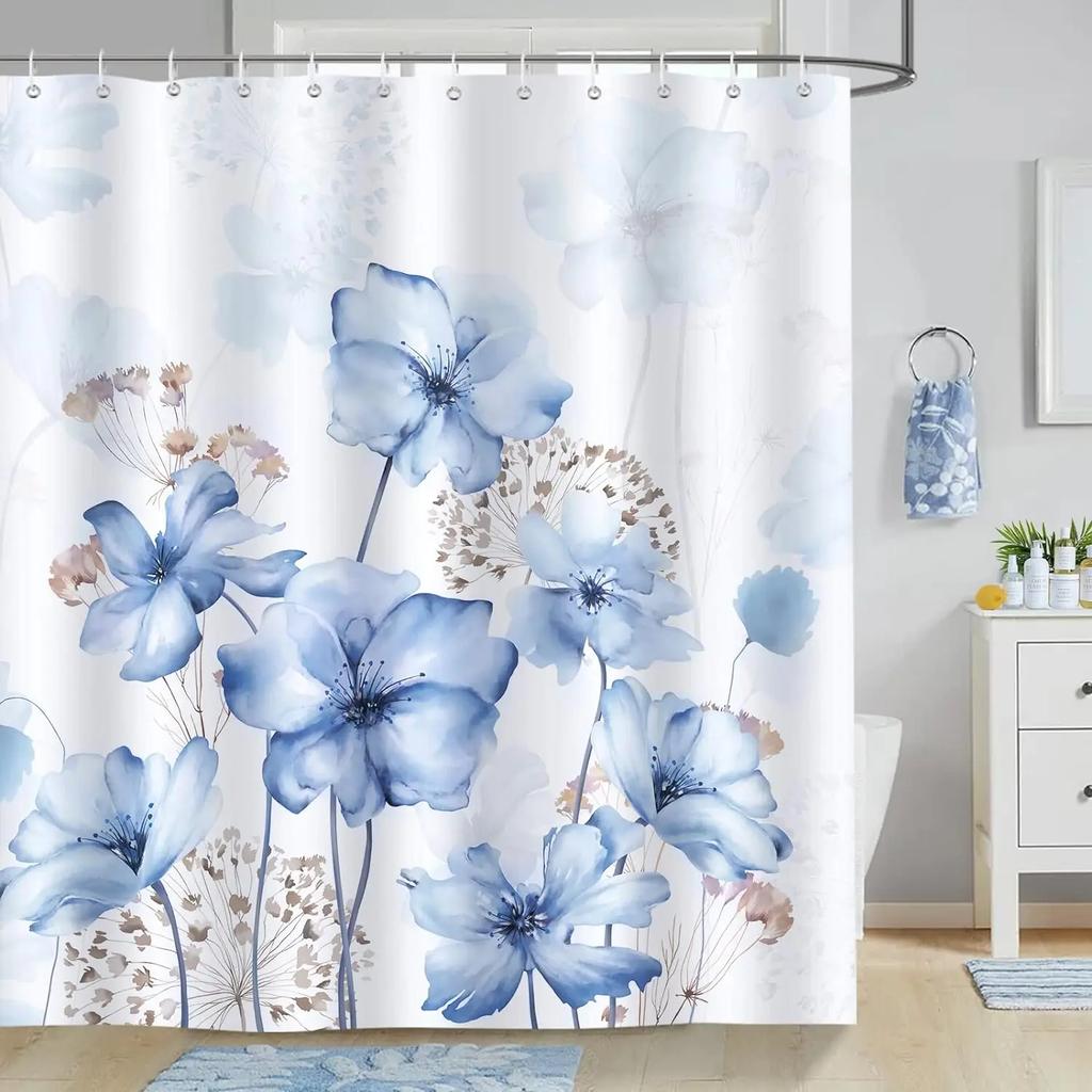 Purple Floral Shower Curtain Watercolor Flower Leaves Wildflower Polyester Fabric Washable Shower Curtains Bathroom Decoration