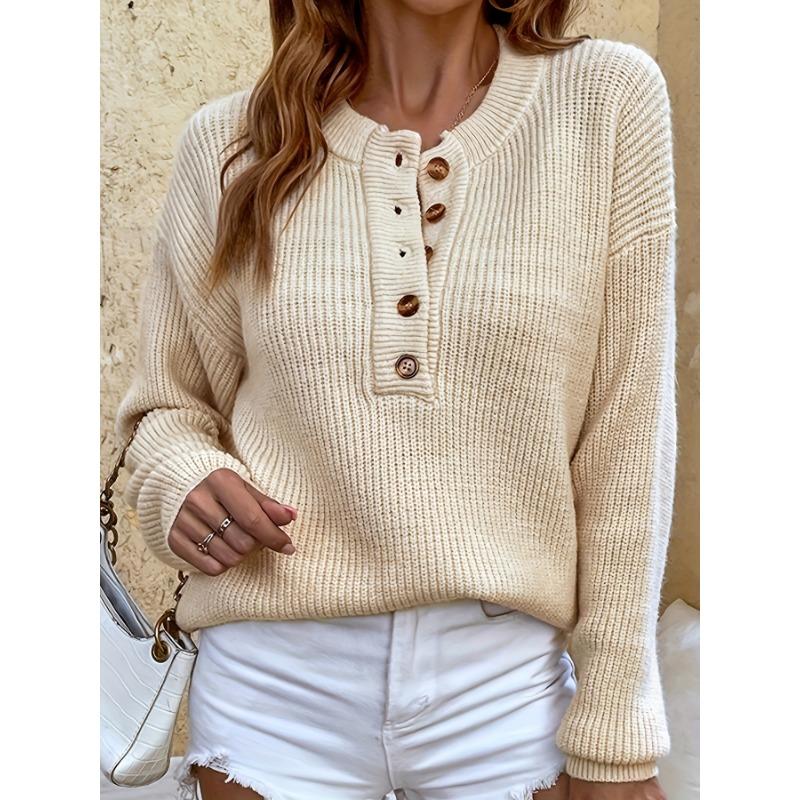 [Cozy Sweater] Soft & Comfortable Women's Cozy Pink Sweater | Casual Crew Neck, Long Sleeve Pullover for Fall/Winter, Button Details