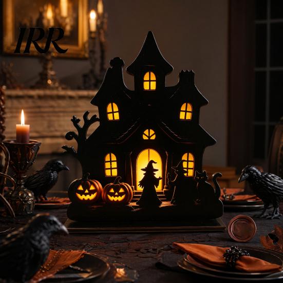 Black Cat Halloween Ornament Witch Wooden Table Centerpiece, Spooky Castle Standing Durable Silhouette Tabletop for Party, Desk Tiered Tray