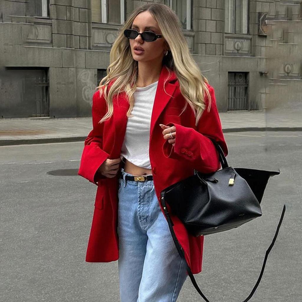 Women's Autumn Winter Solid Color Long Sleeve Casual Button Temperament Commuter Blazer Suit