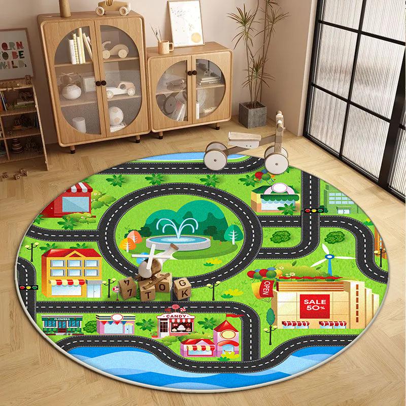 Children's Round Living Room Carpet Short Velvet Fluffy Soft Bedroom Decoration Rug Cartoon Traffic Road Play Floor Mat Antiskid