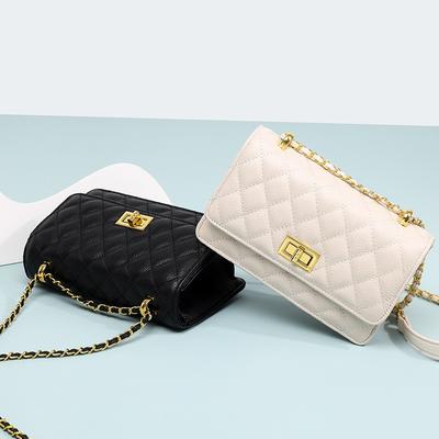 Women's Top Grain Leather Mini Square Bag - Quilted Diamond Stitch Crossbody Purse with Adjustable Chain Strap for Daily Casual & Office Essentials