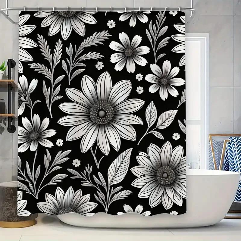 

Classic Black White Floral Shower Curtain For Bathroom Decor Waterproof Fabric, Perfect Fit For Your Bathtub Or Tub Area Free Us W60H190(CM)-1 Pcs