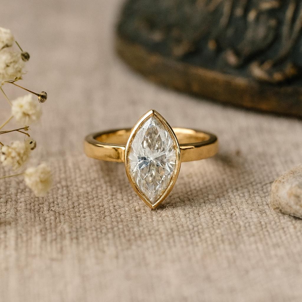 Bezel Set Marquise Cut Moissanite Engagement Ring, Solitaire Wedding Ring, Minimalist Statement Ring, Gift For Her