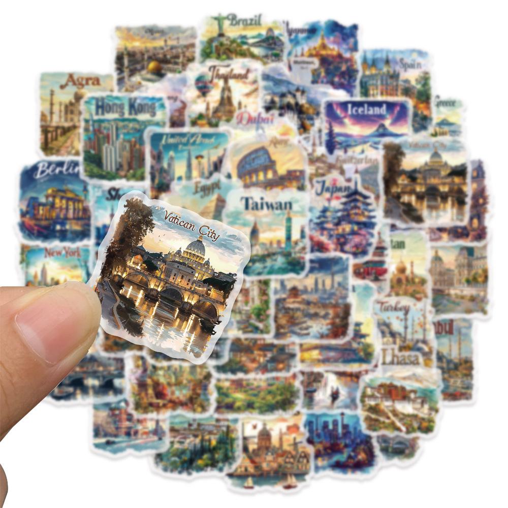 50pcs Famous City Stickers Travel Postcard DIY Gift Graffiti PET Decal for Phone Luggage Laptop Scrapbook Waterproof Sticker
