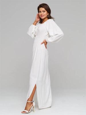 Elegant White Long-Sleeved Pleated Waist-Fit Slit Dress