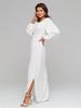 Elegant White Long-Sleeved Pleated Waist-Fit Slit Dress