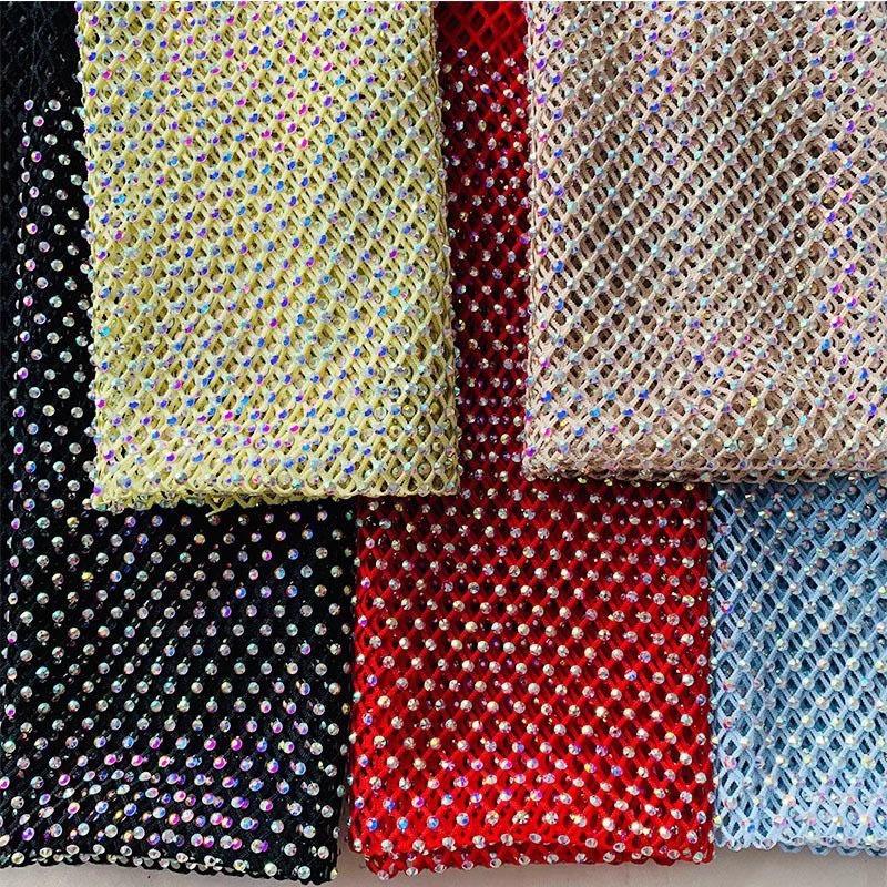 Luxury AB Color High Gloss Elastic Diamond Mesh Fabric Sewn with Satin Belt Mesh Lace Fabric DIY Dress Clothing High-end Fabrics