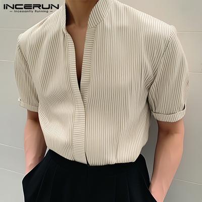 Erkekler Yaz V Yaka Kısa Kollu Günlük Çizgili Henley Gömlek