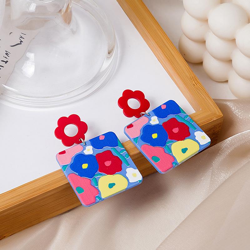 New Autumn And Winter Style Retro Fashion Colorful Personalized Earrings Geometric Square Love Studs