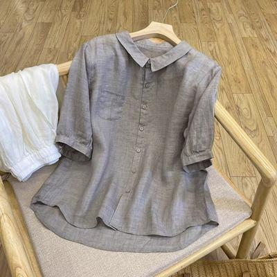 Summer All-match Loose Cotton and Linen Literary Retro Lapel Solid Color Temperament Shirt Cotton and Linen Blouse Women's Short-sleeved