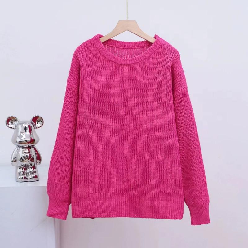 Jesienny Luźny Sweter Dzianinowy Pulower Casual dla Kobiet Moda Nowy Długi Rękaw Okrągły Dekolt Zimowe Swetry Kobiety Elegancki Gładki Ciepły Dzianinowy Sweter 25722