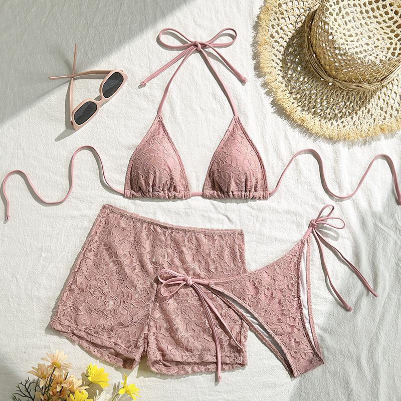 

Женские купальники из 3 предметов со шнуровкой, шорты, женский купальник пуш-ап, женский однотонный купальный костюм для пляжной одежды L розовый