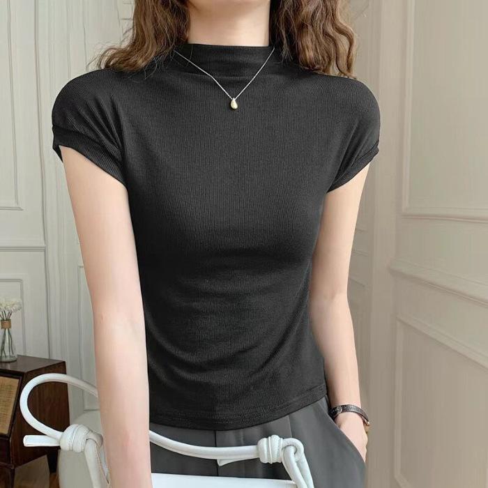 A Cold Semi-turtleneck Black Modal Short-sleeved T-shirt Women's Summer Shoulder High-end Short Top