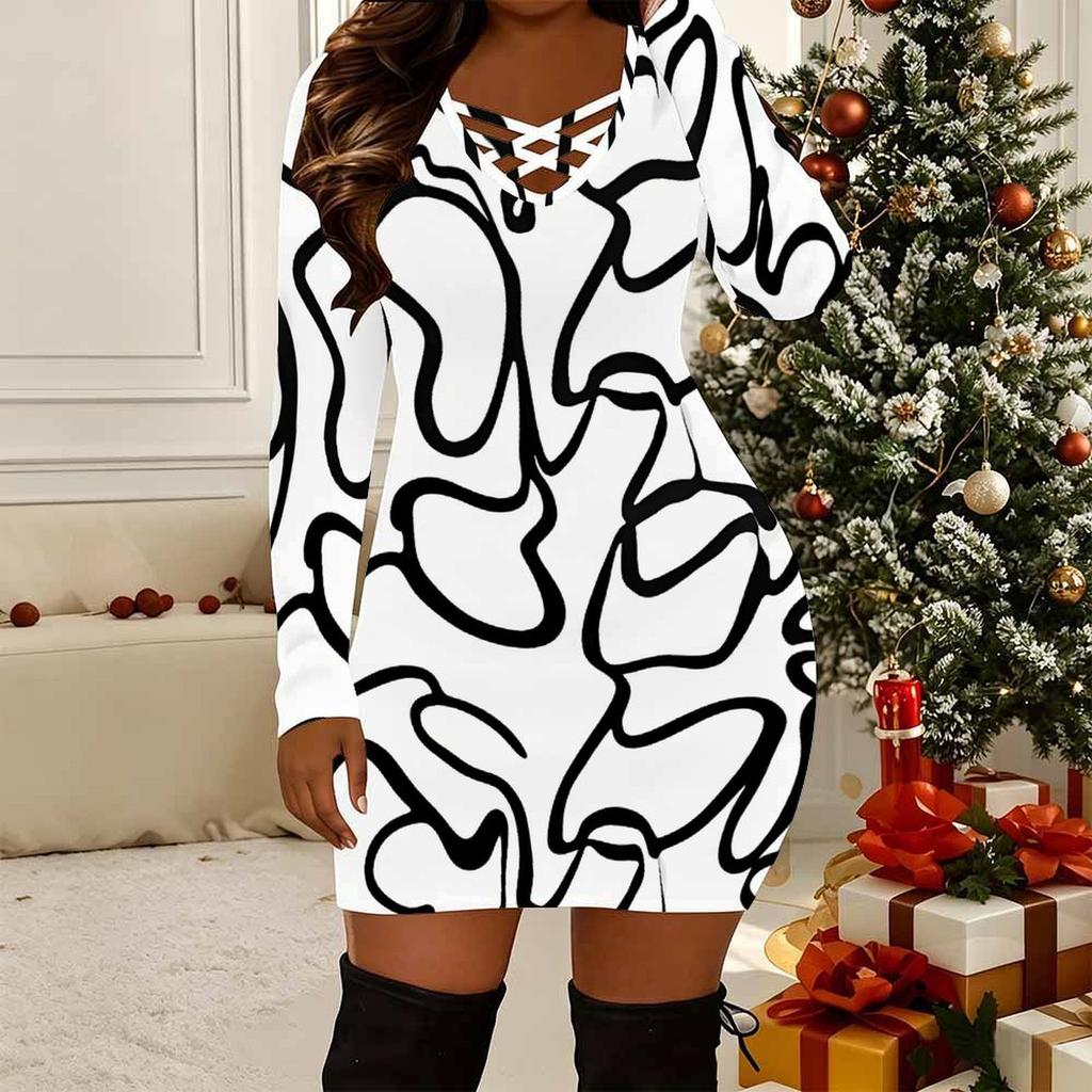Women Plus Size Long Sleeve V Neck Crisscross Hollow Bodycon Mini Party Club Wear