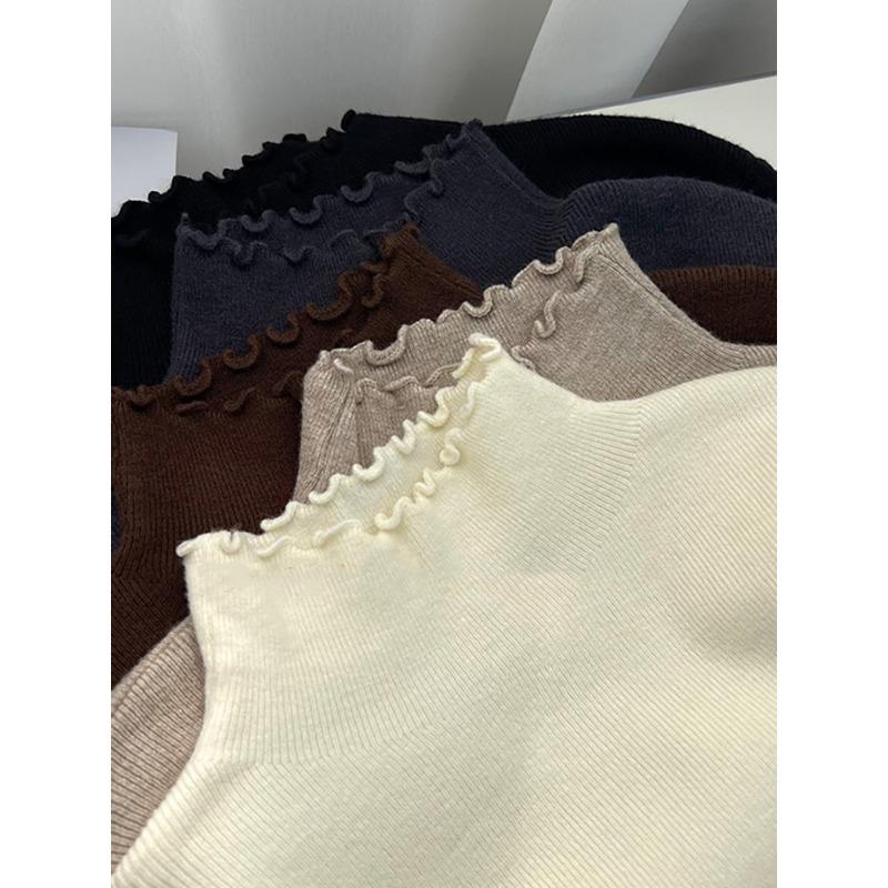 Semi-turtleneck Stacked with Fungus Edge Knitted Sweater, Soft Waxy Sweater, Female Slim Body with Long-sleeved Autumn and Winter Bottoming Top