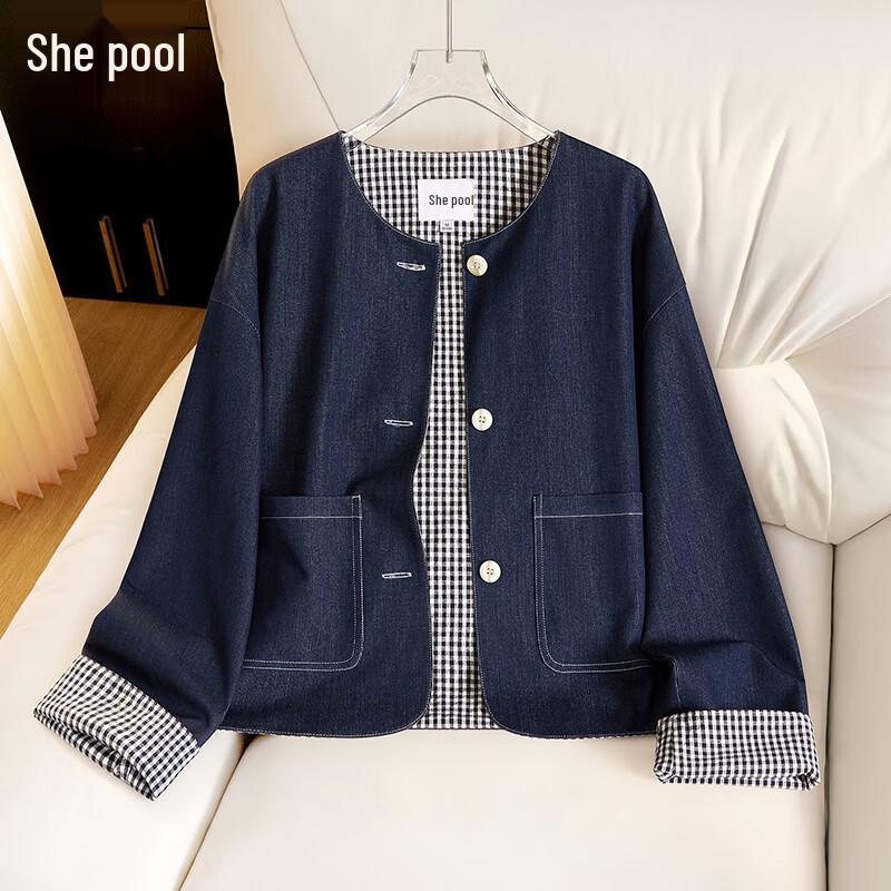 

Женская ретро клетчатая лоскутная куртка с круглым вырезом XL