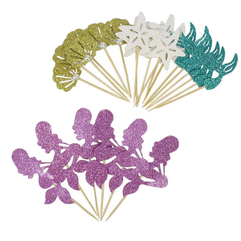 Mermaid Theme Cupcake Topper Cake Flags For Girl Birthday Party Decorations 