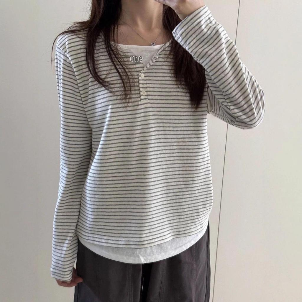 Women's Striped Patchwork Two-in-One Long-Sleeve T-shirt - Casual, Versatile, Loose Fit, Designer Style